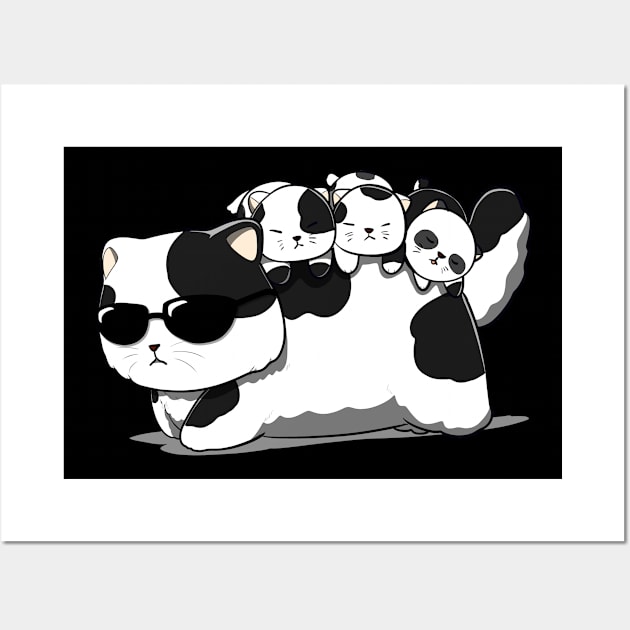 Mama cat with 3 kitten panda Wall Art by Irlustra Studio